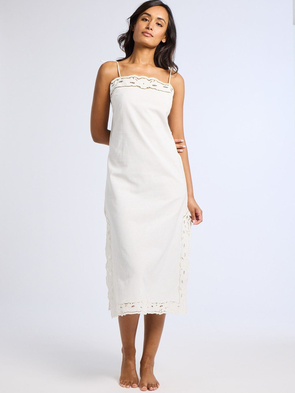 Demi Dress in White Embroidered Linen