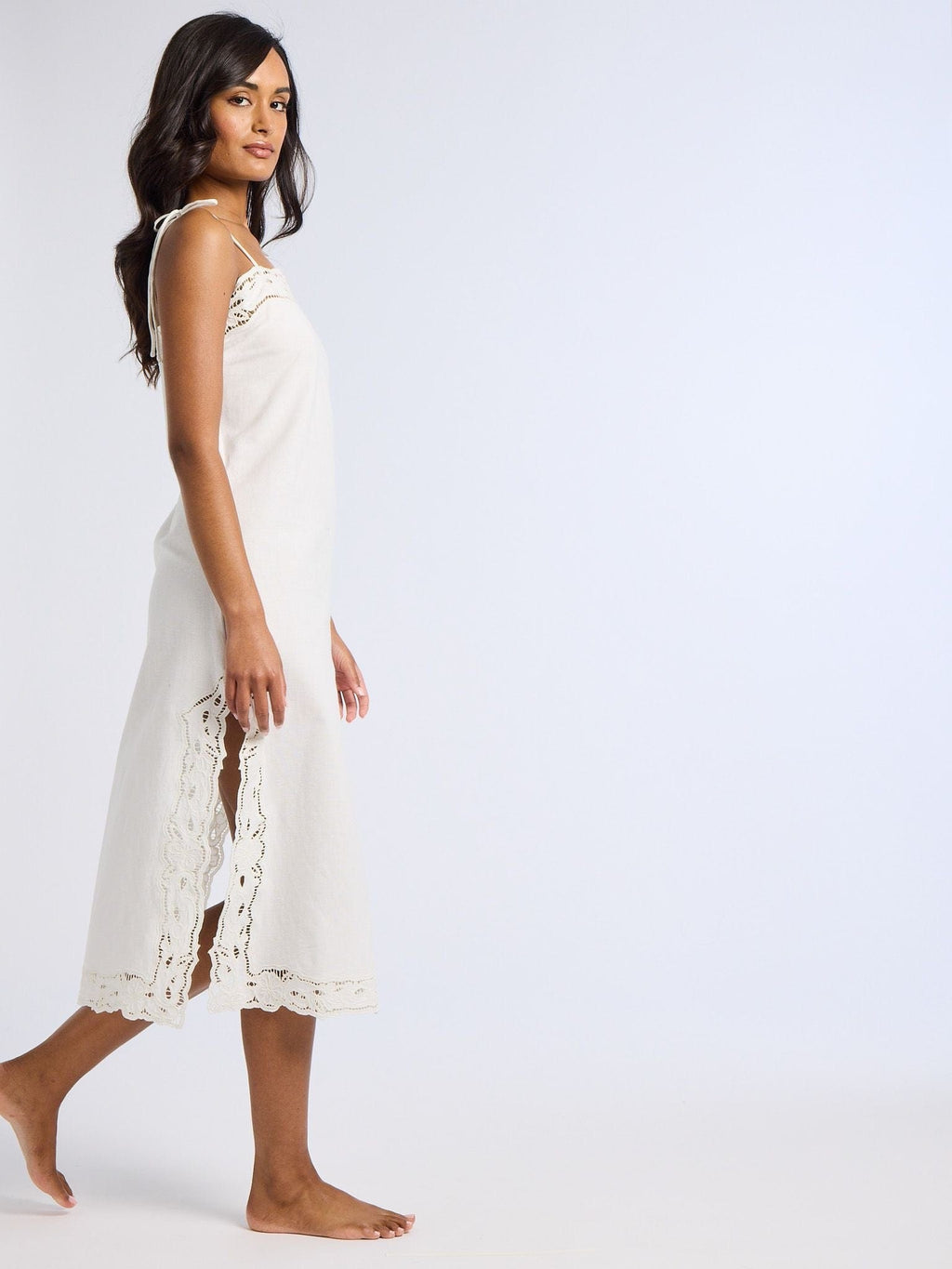 Demi Dress in White Embroidered Linen