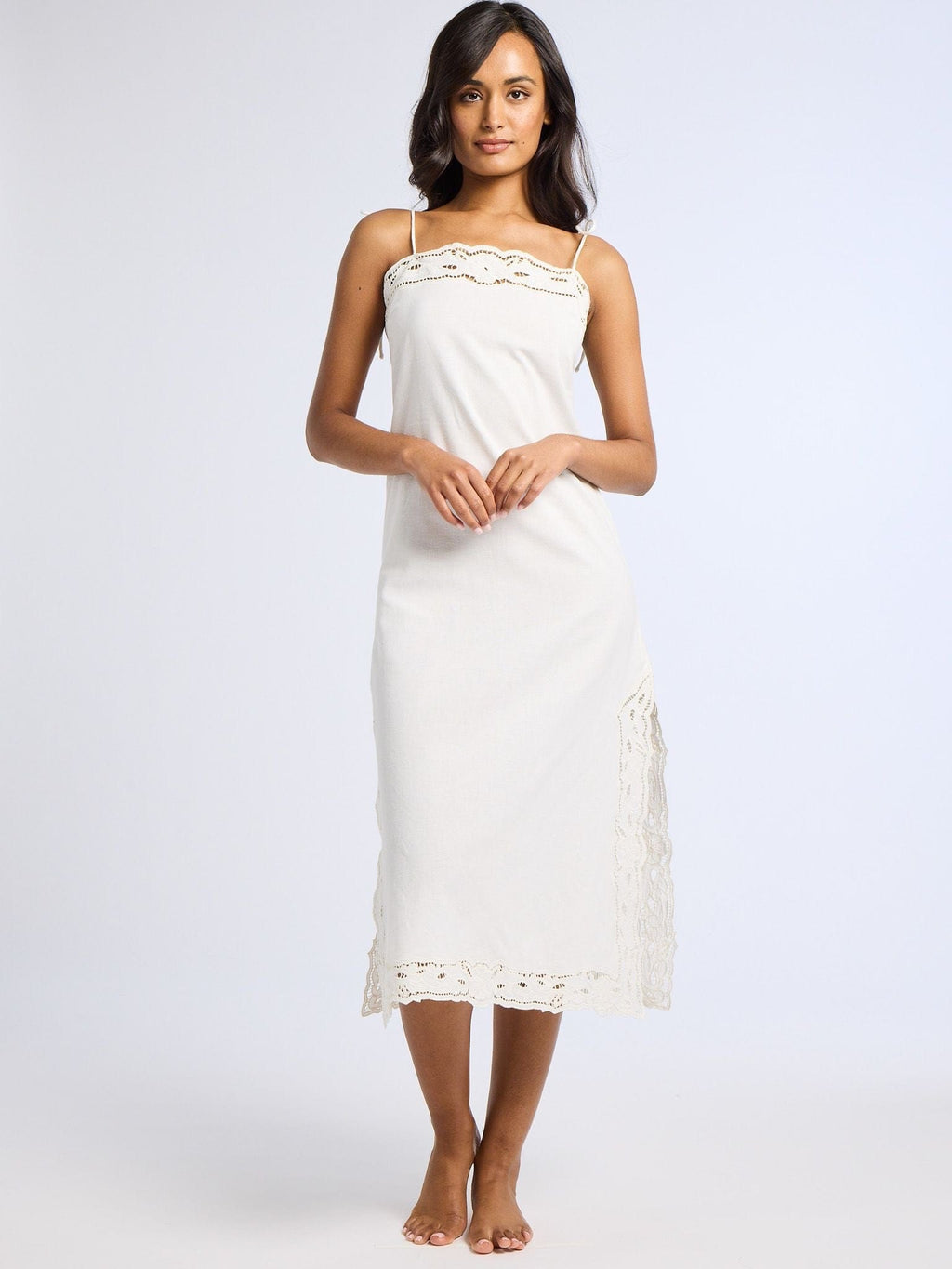 Demi Dress in White Embroidered Linen