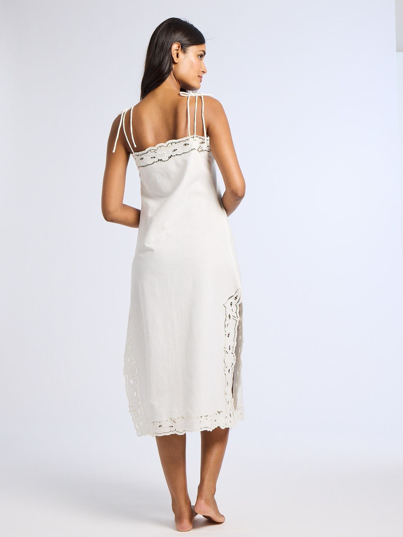 Demi Dress in White Embroidered Linen
