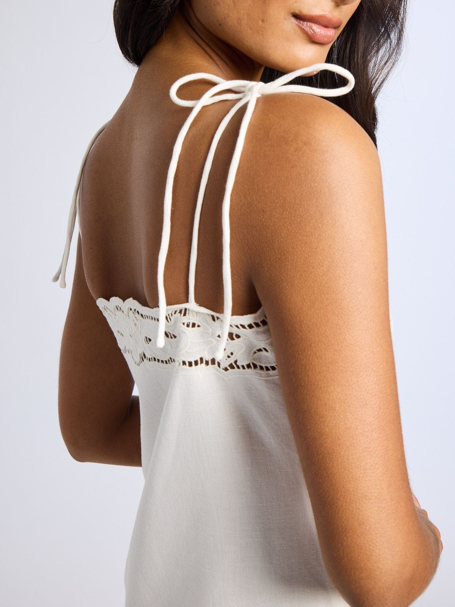 Demi Dress in White Embroidered Linen