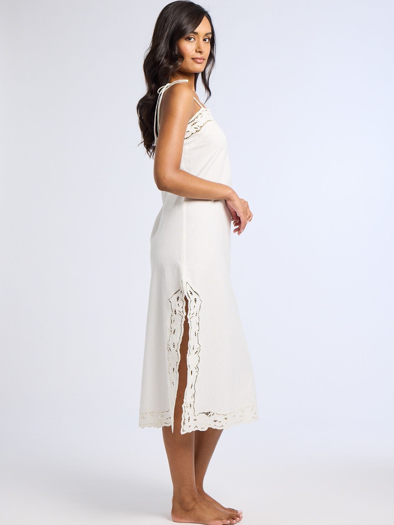 Demi Dress in White Embroidered Linen