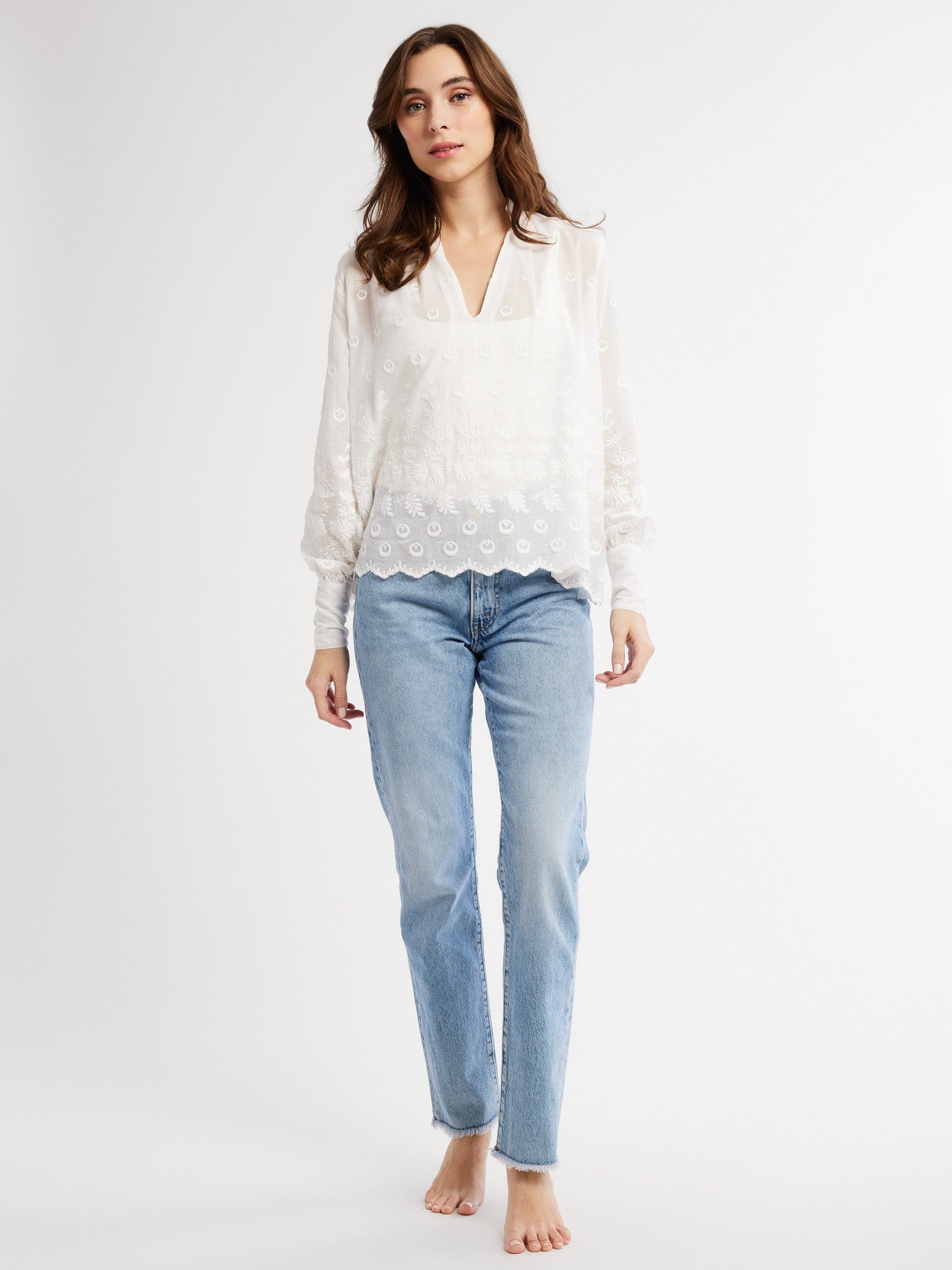 Freya Top in White Petal Embroidery