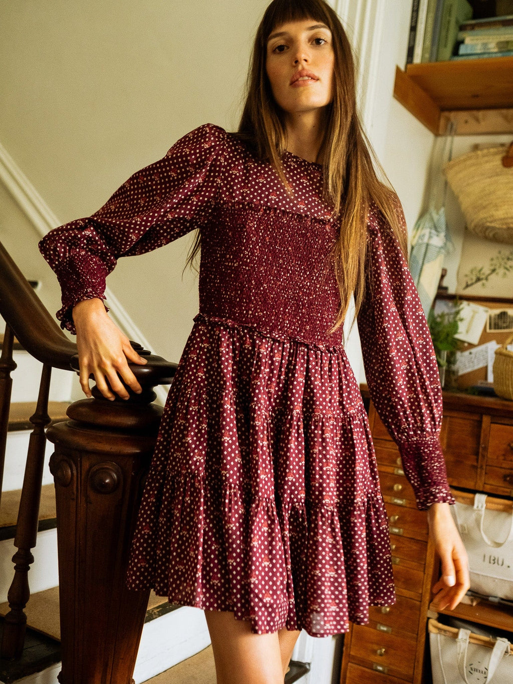 Maeve Dress in Burgundy Foulard