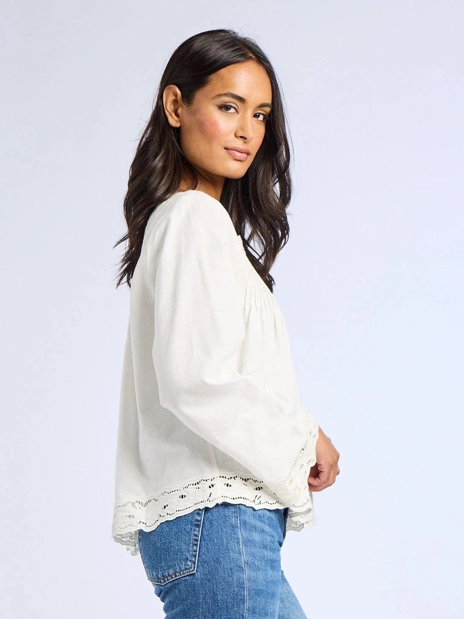 Melba Top in White Embroidered Linen