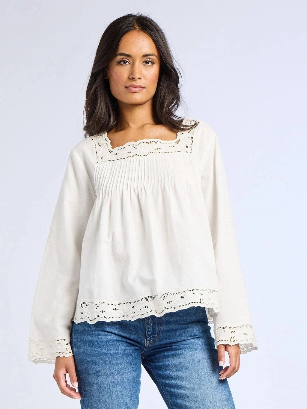 Melba Top in White Embroidered Linen