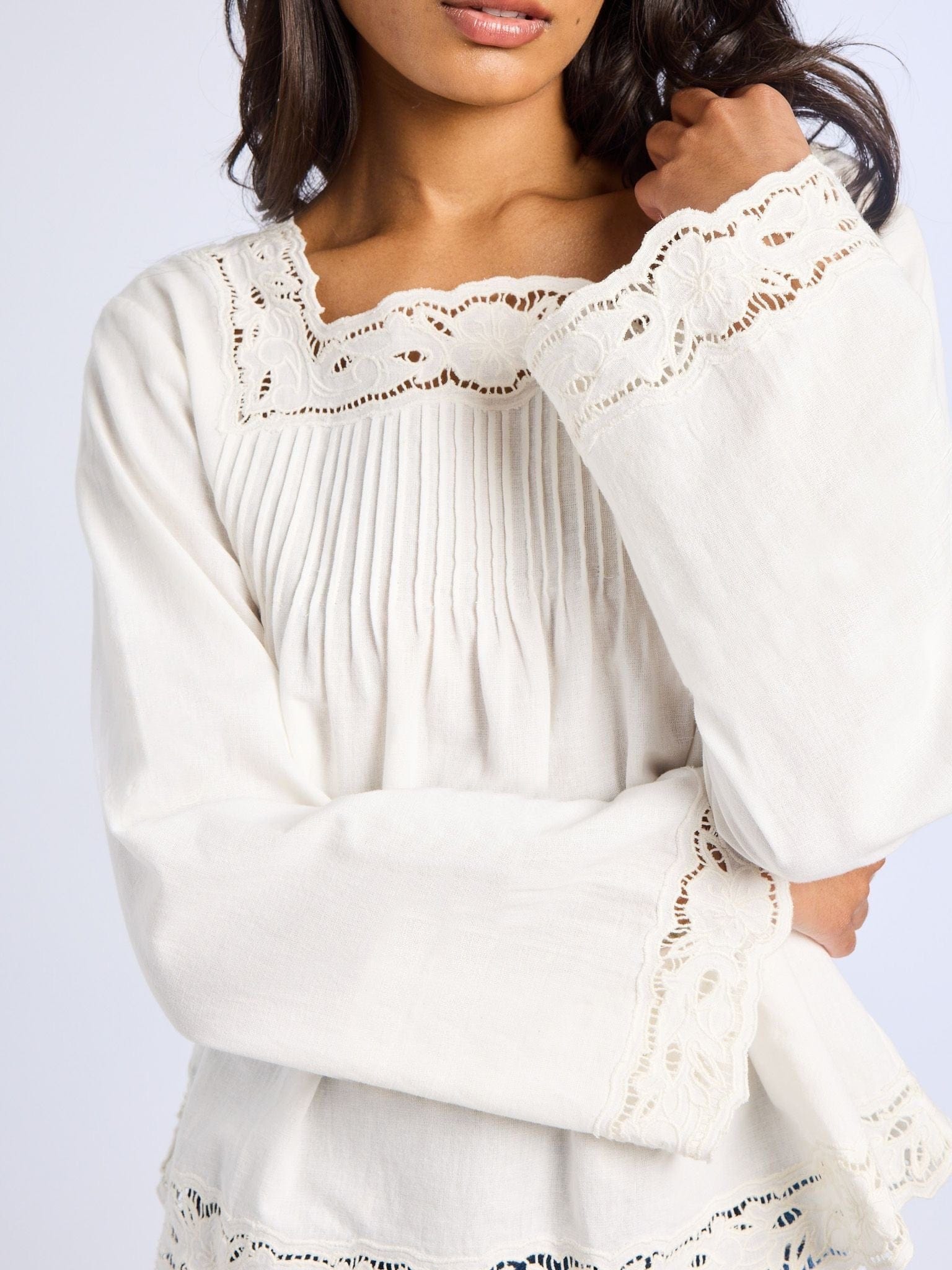 Melba Top in White Embroidered Linen