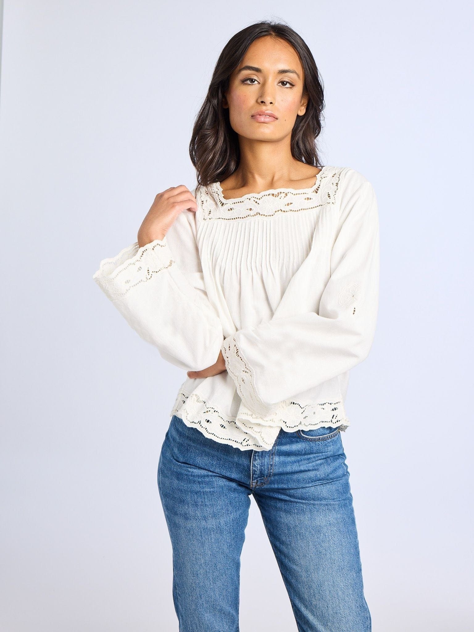 Melba Top in White Embroidered Linen