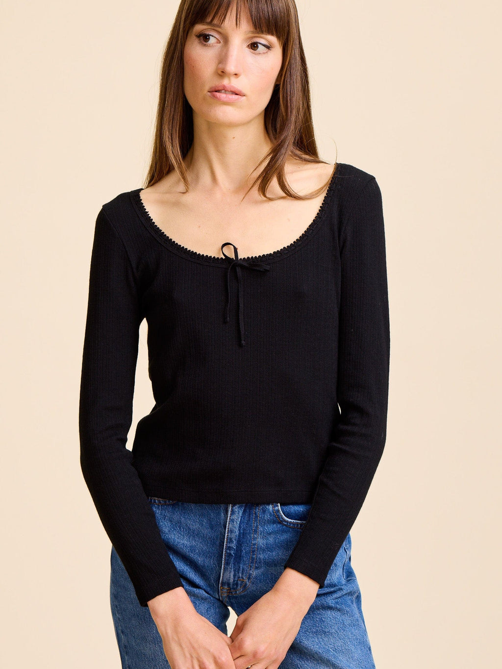 Sally Pointelle Tee in Black