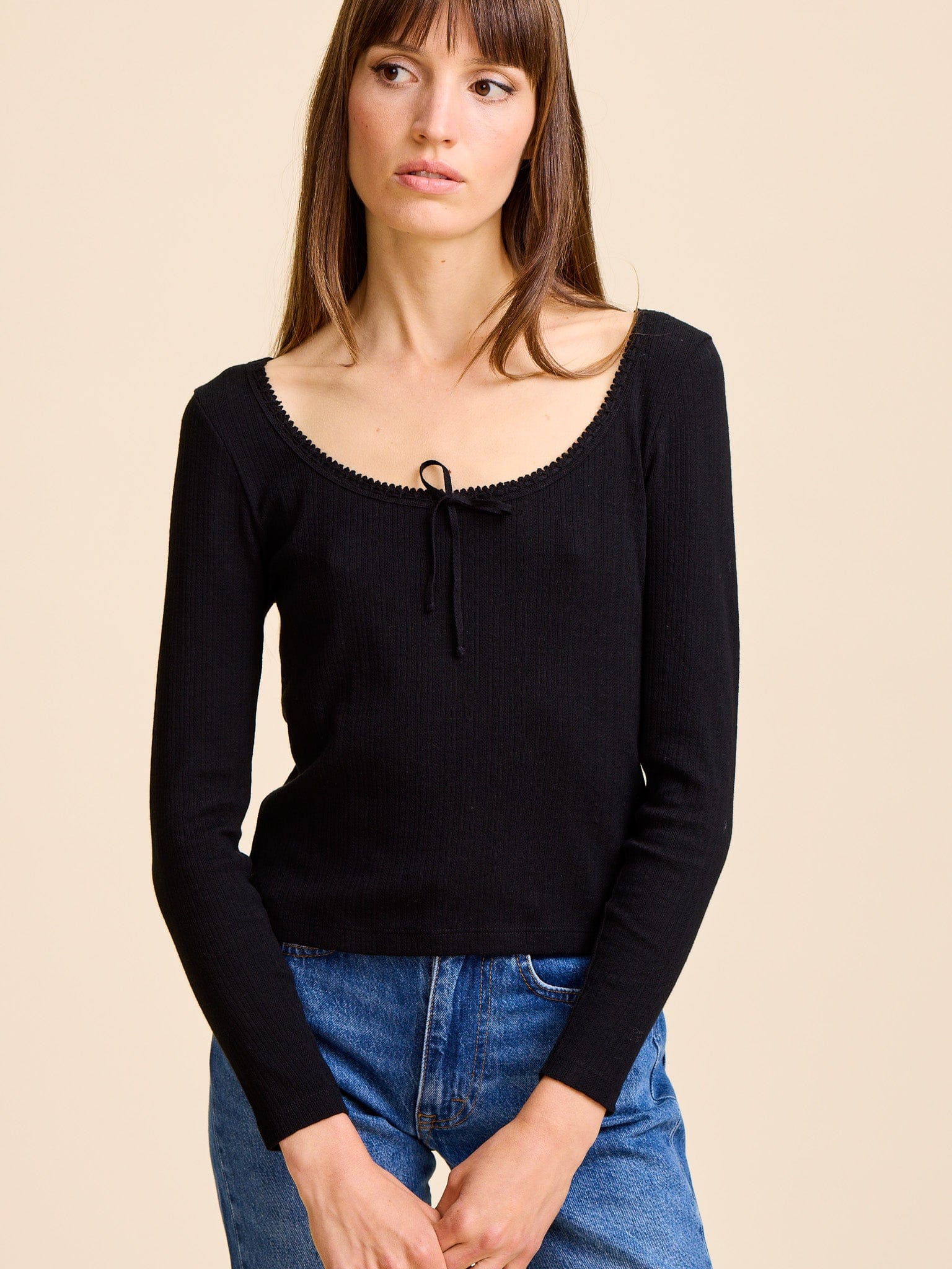 Sally Pointelle Tee in Black