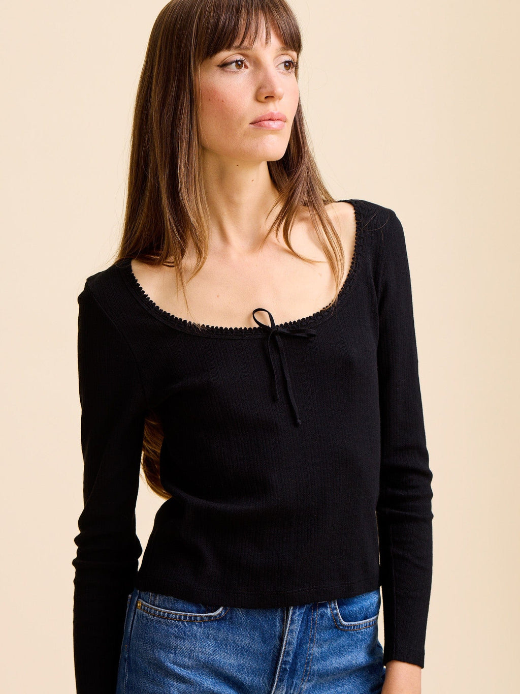 Sally Pointelle Tee in Black