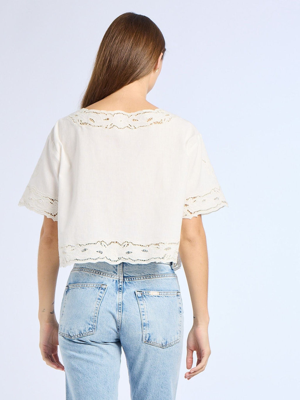 Sara Top in White Embroidered Linen