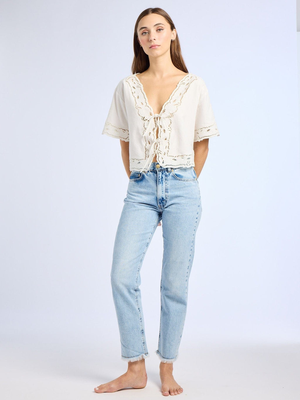 Sara Top in White Embroidered Linen