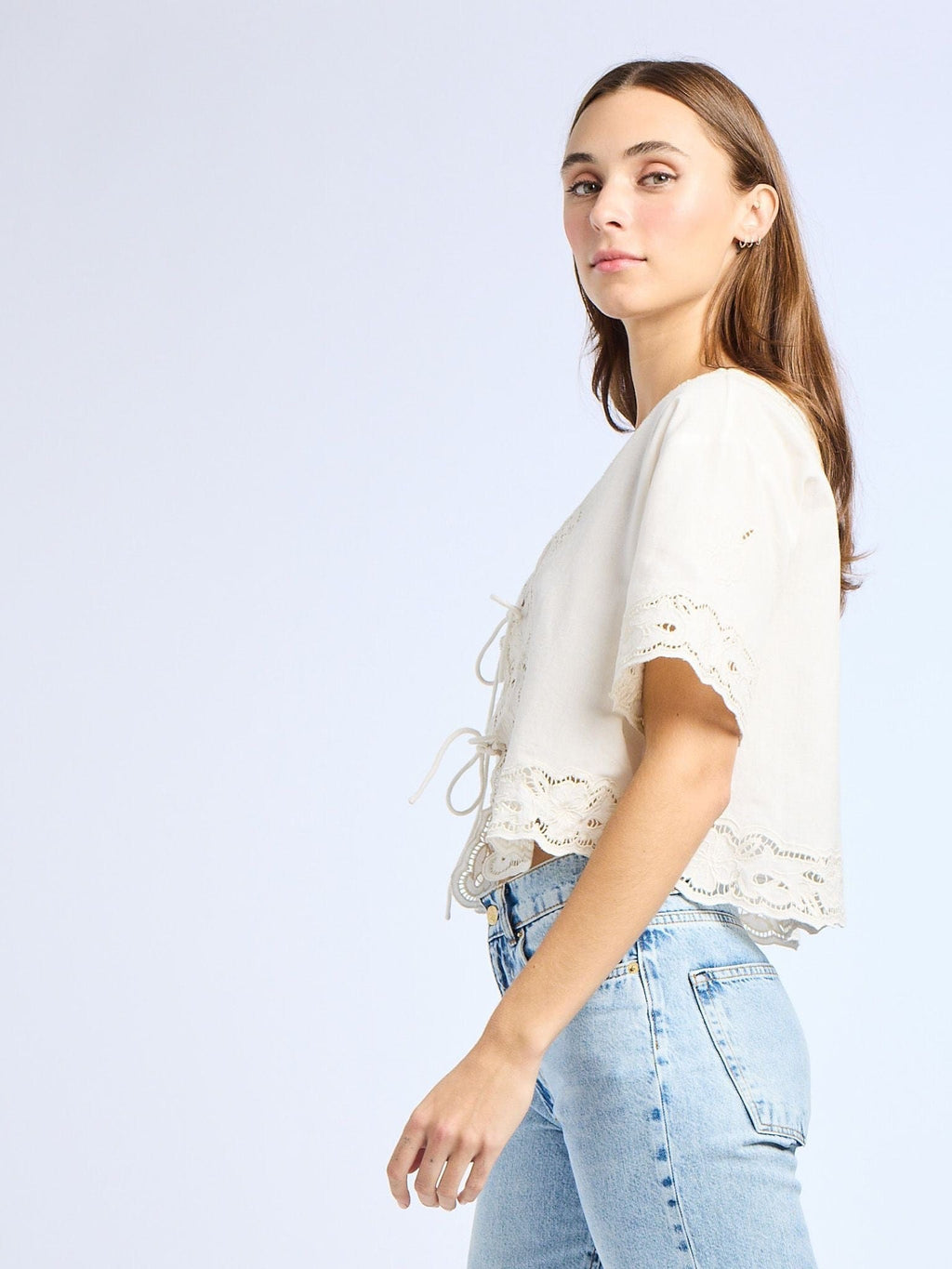 Sara Top in White Embroidered Linen