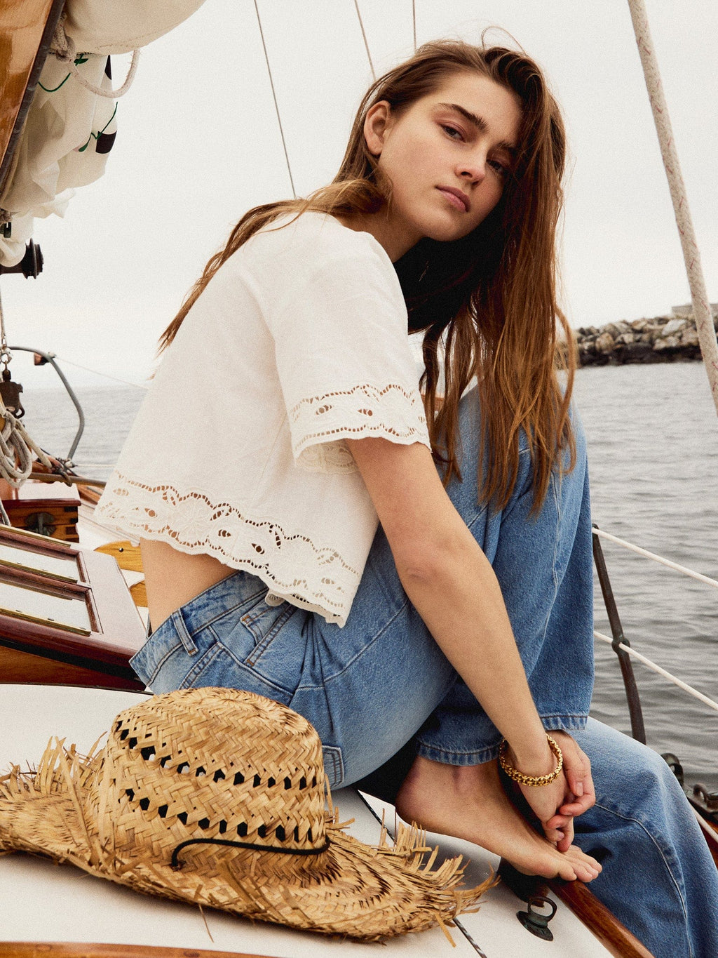 Sara Top in White Embroidered Linen