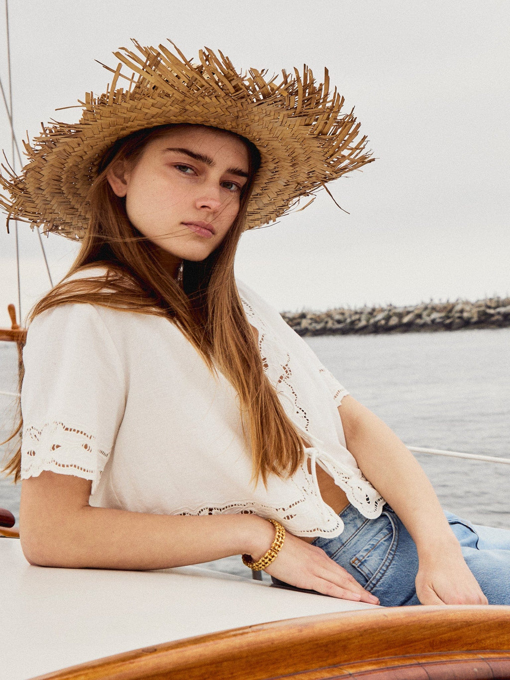 Sara Top in White Embroidered Linen
