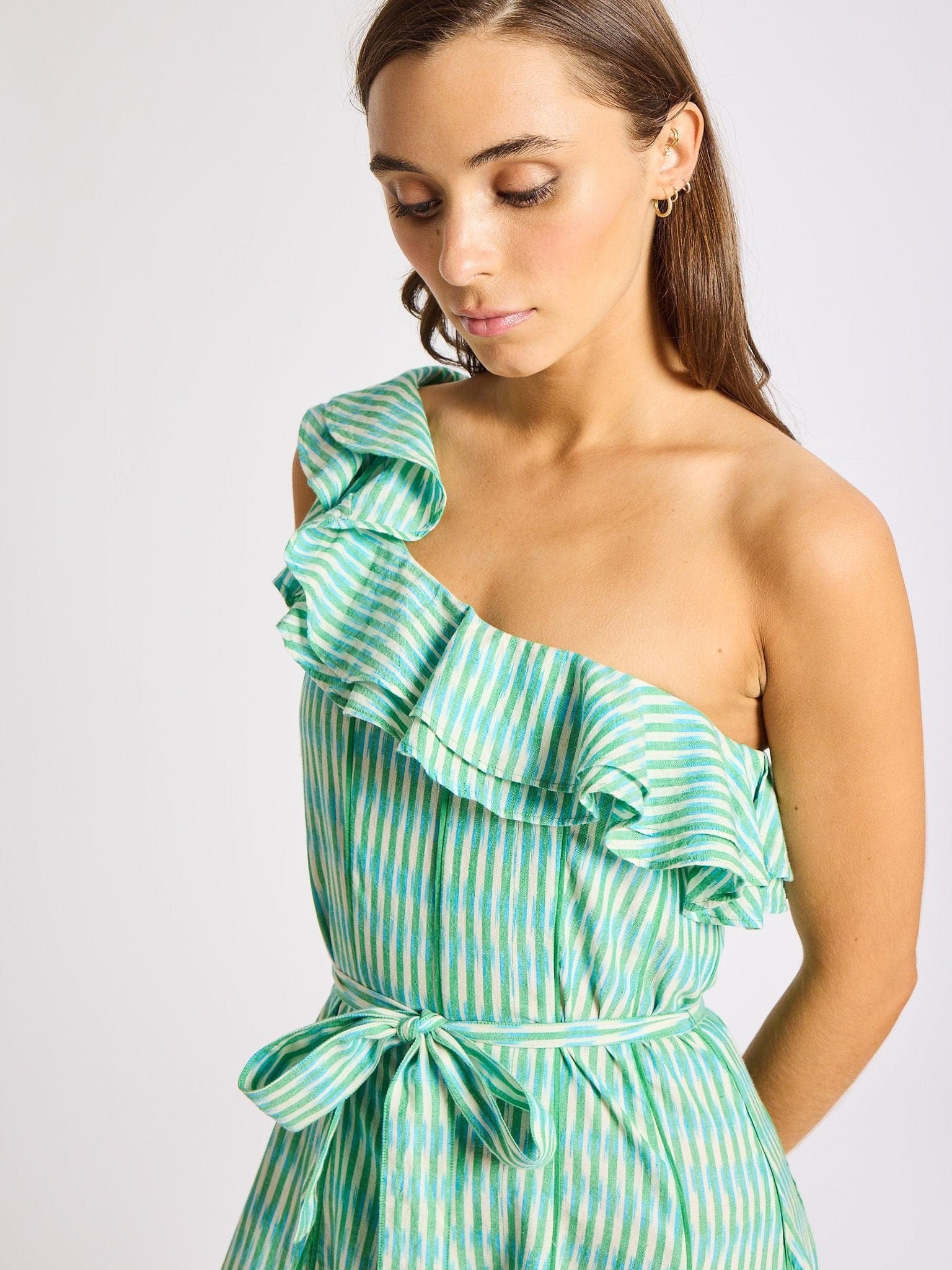 Yvonne Dress in Green & Blue Ikat